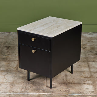 Pair of Black Lacquered Nightstands with Travertine Table Tops