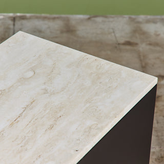 Pair of Black Lacquered Nightstands with Travertine Table Tops