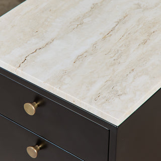 Pair of Black Lacquered Nightstands with Travertine Table Tops