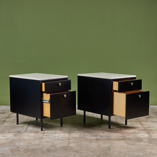 Pair of Black Lacquered Nightstands with Travertine Table Tops