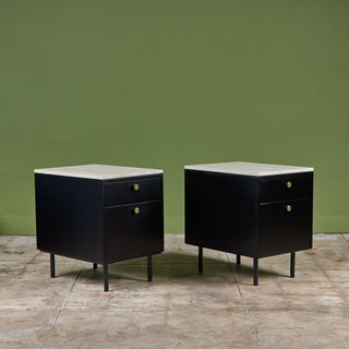 Pair of Black Lacquered Nightstands with Travertine Table Tops