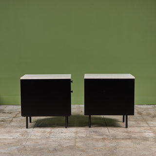 Pair of Black Lacquered Nightstands with Travertine Table Tops