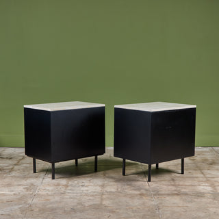 Pair of Black Lacquered Nightstands with Travertine Table Tops