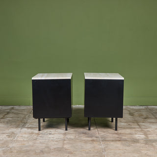 Pair of Black Lacquered Nightstands with Travertine Table Tops