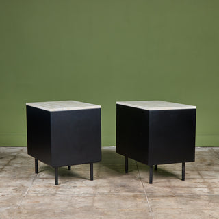Pair of Black Lacquered Nightstands with Travertine Table Tops