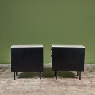 Pair of Black Lacquered Nightstands with Travertine Table Tops