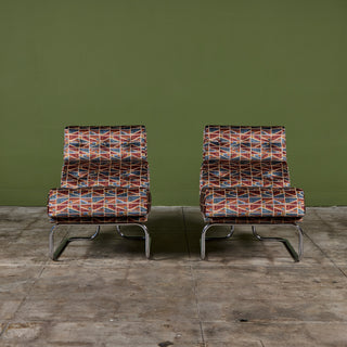 Pair of Tubular Cantilever Lounge Chairs with Brook Perdigon Textiles