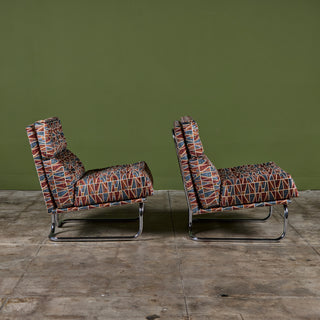 Pair of Tubular Cantilever Lounge Chairs with Brook Perdigon Textiles
