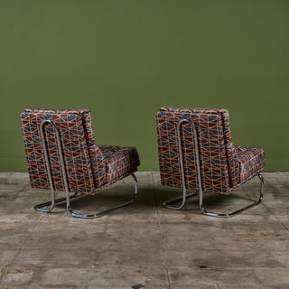 Pair of Tubular Cantilever Lounge Chairs with Brook Perdigon Textiles