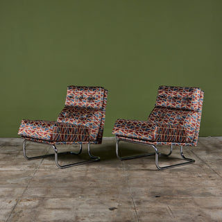 Pair of Tubular Cantilever Lounge Chairs with Brook Perdigon Textiles