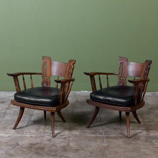 Pair of Carved Walnut Lounge Chairs in the Style of Ettore Zaccari
