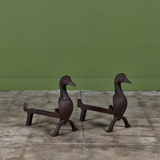 Pair of Cast Iron Duck Bust Andirons