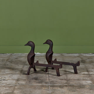 Pair of Cast Iron Duck Bust Andirons