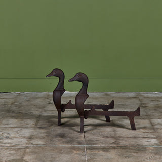 Pair of Cast Iron Duck Bust Andirons