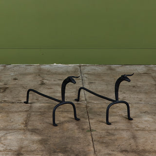 Pair of Wrought Iron Bull Andirons