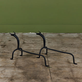 Pair of Wrought Iron Bull Andirons