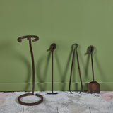 Patinated Three Piece Iron Fireplace Tool Set with Stand