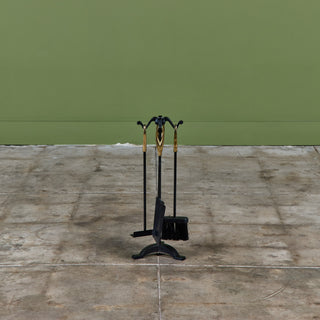 Petite Wrought Iron and Brass Handle Fireplace Tool Set