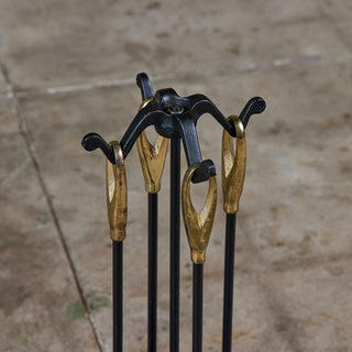 Petite Wrought Iron and Brass Handle Fireplace Tool Set