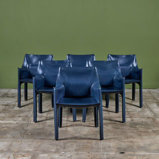 Set of Six Mario Bellini Navy Cab Armchairs for Cassina