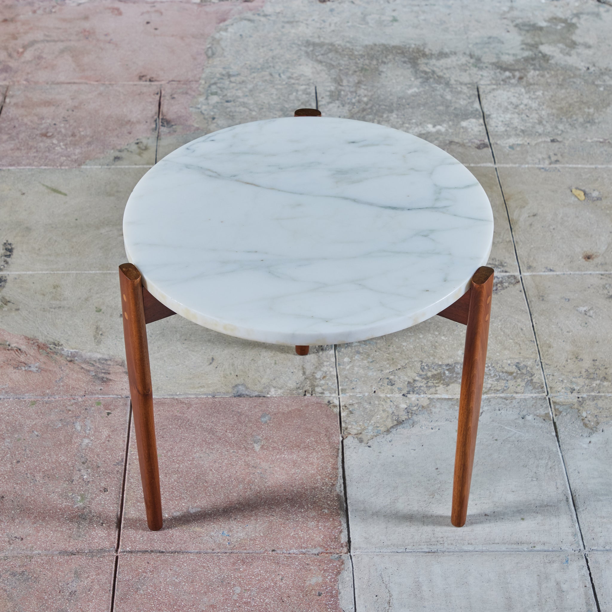 White Marble and Walnut Tripod Side Table
