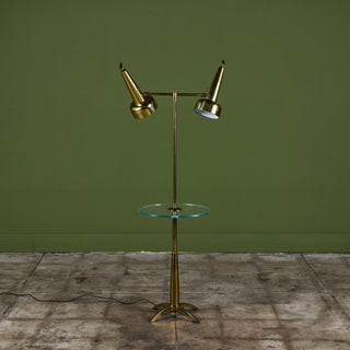 Stiffel Double Shade Brass Floor Lamp with Attached Glass Side Table