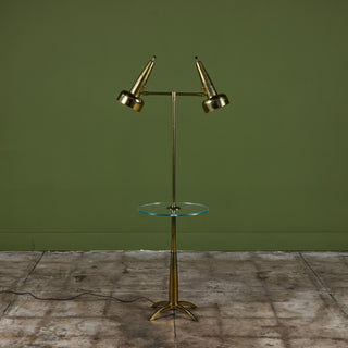 Stiffel Double Shade Brass Floor Lamp with Attached Glass Side Table