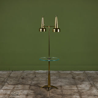 Stiffel Double Shade Brass Floor Lamp with Attached Glass Side Table