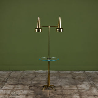Stiffel Double Shade Brass Floor Lamp with Attached Glass Side Table