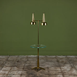 Stiffel Double Shade Brass Floor Lamp with Attached Glass Side Table