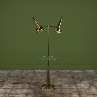 Stiffel Double Shade Brass Floor Lamp with Attached Glass Side Table