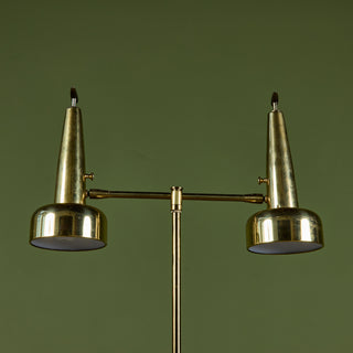 Stiffel Double Shade Brass Floor Lamp with Attached Glass Side Table