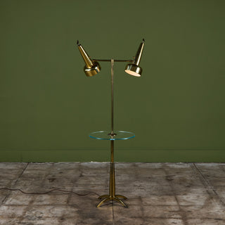 Stiffel Double Shade Brass Floor Lamp with Attached Glass Side Table
