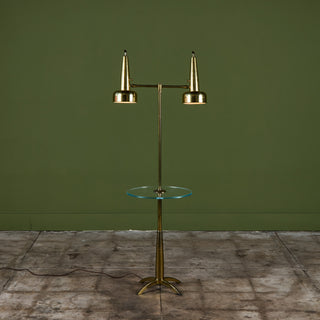 Stiffel Double Shade Brass Floor Lamp with Attached Glass Side Table