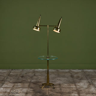 Stiffel Double Shade Brass Floor Lamp with Attached Glass Side Table