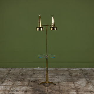 Stiffel Double Shade Brass Floor Lamp with Attached Glass Side Table