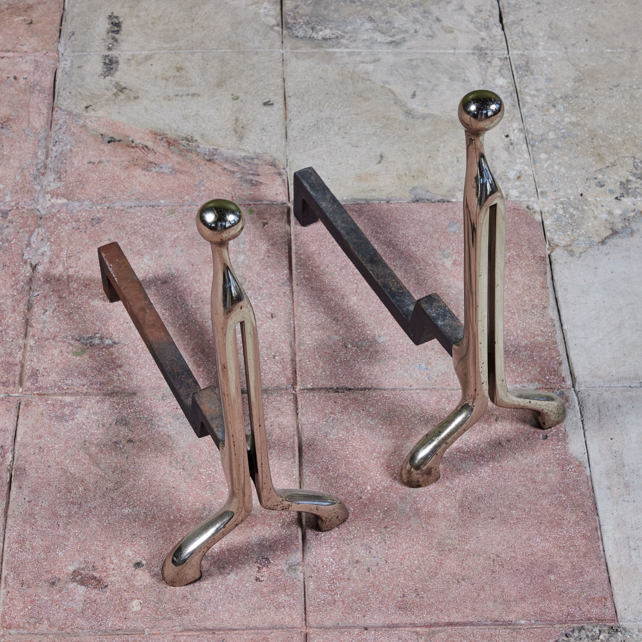 Pair of Virginia Metalcrafters Nickel Plated Andirons