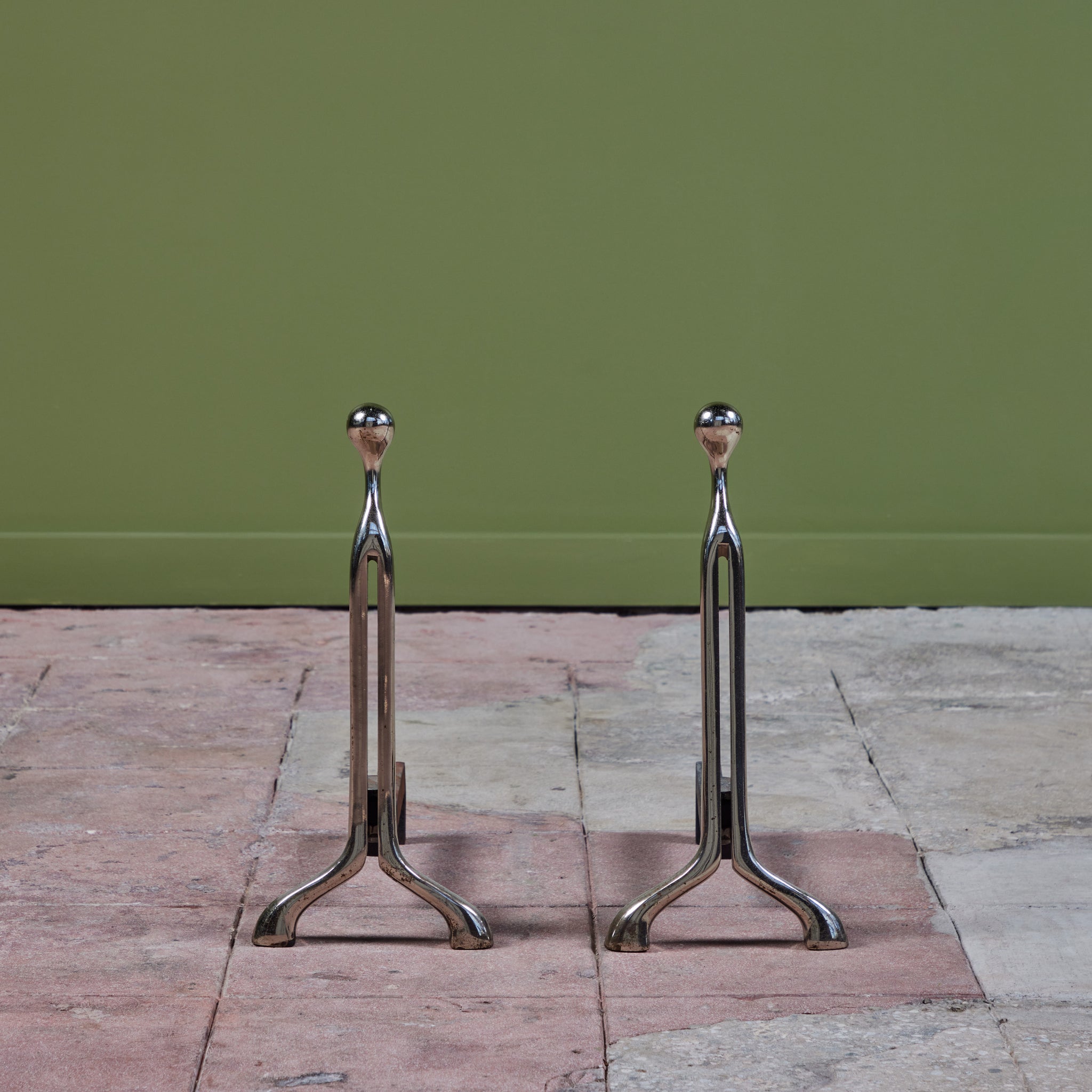 Pair of Virginia Metalcrafters Nickel Plated Andirons