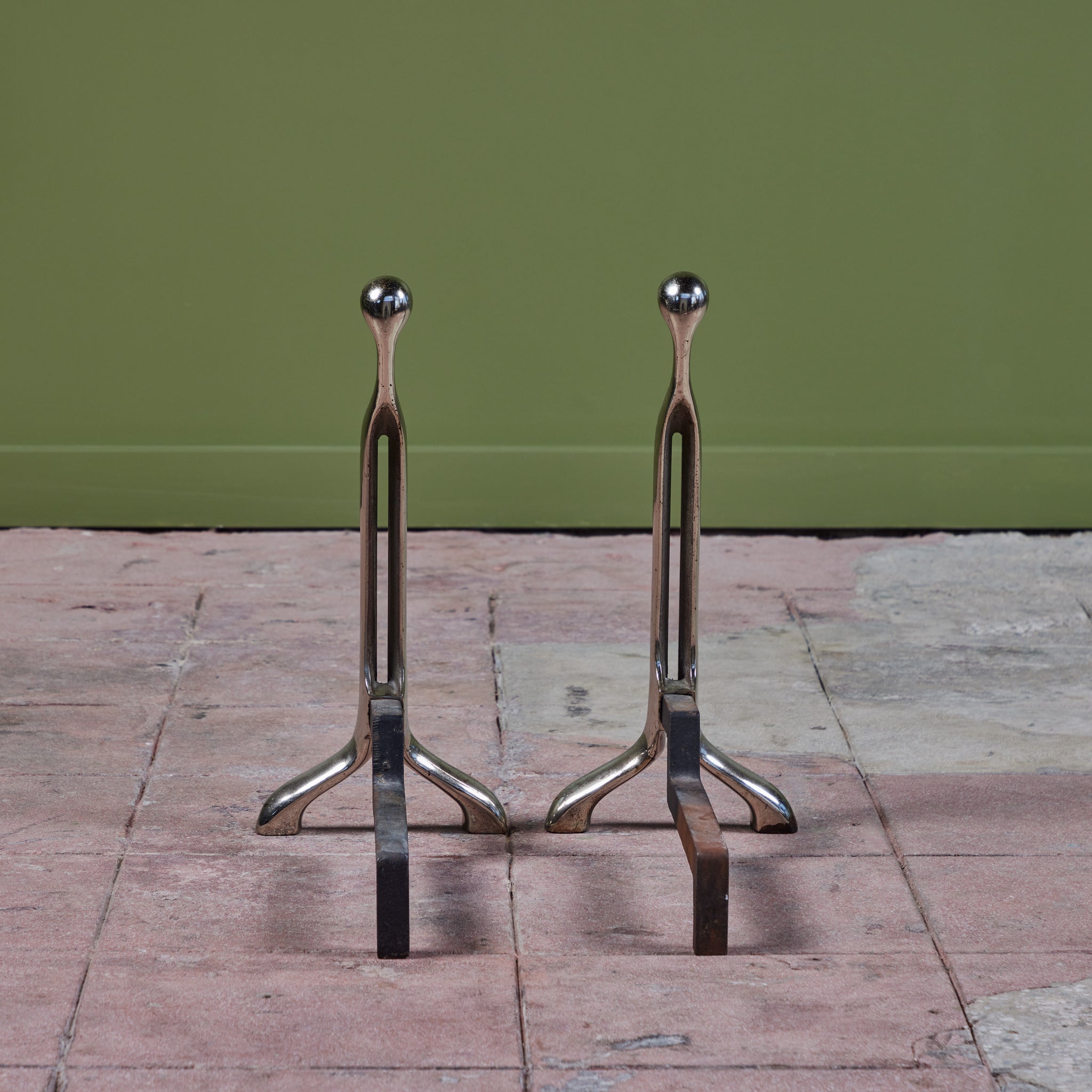 Pair of Virginia Metalcrafters Nickel Plated Andirons