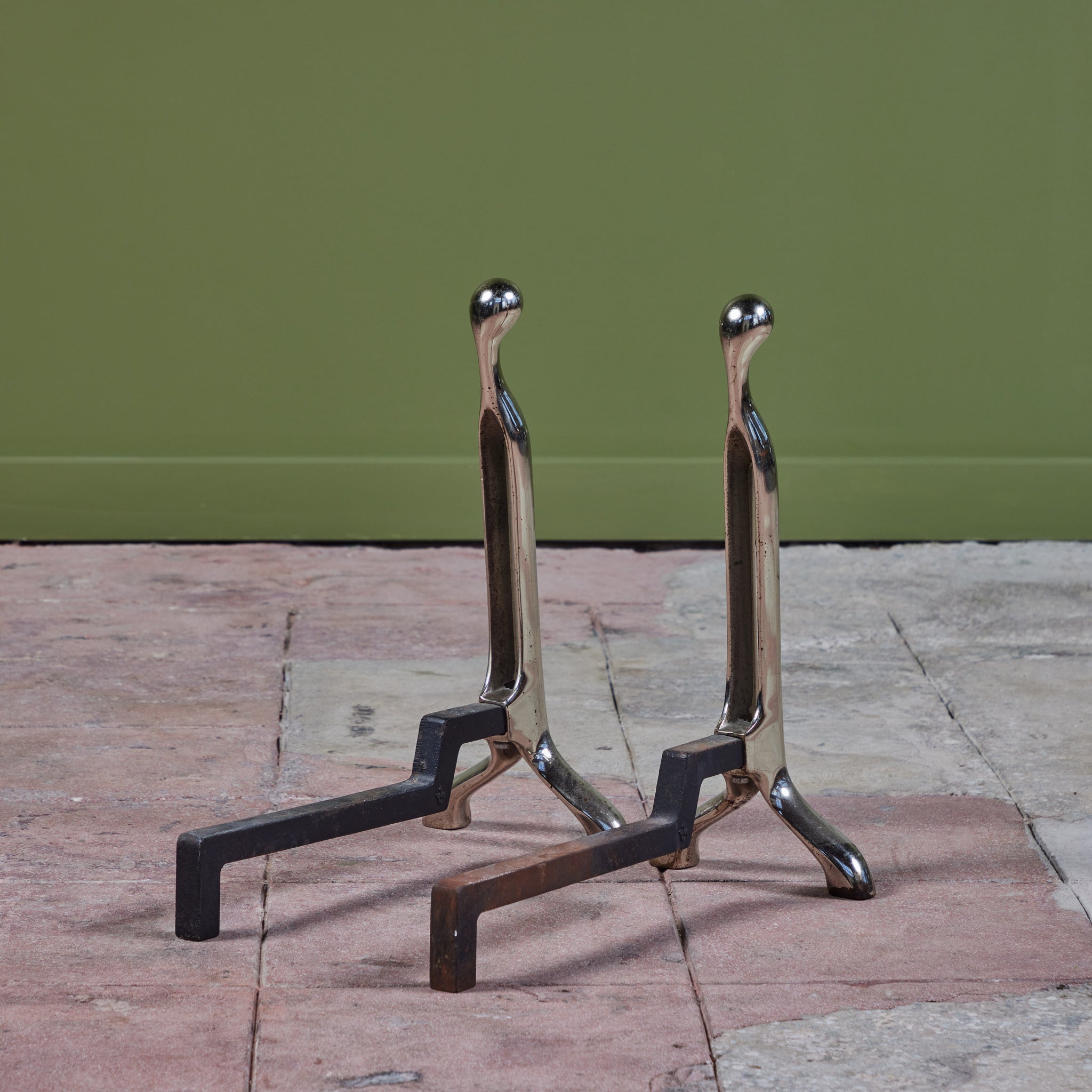 Pair of Virginia Metalcrafters Nickel Plated Andirons