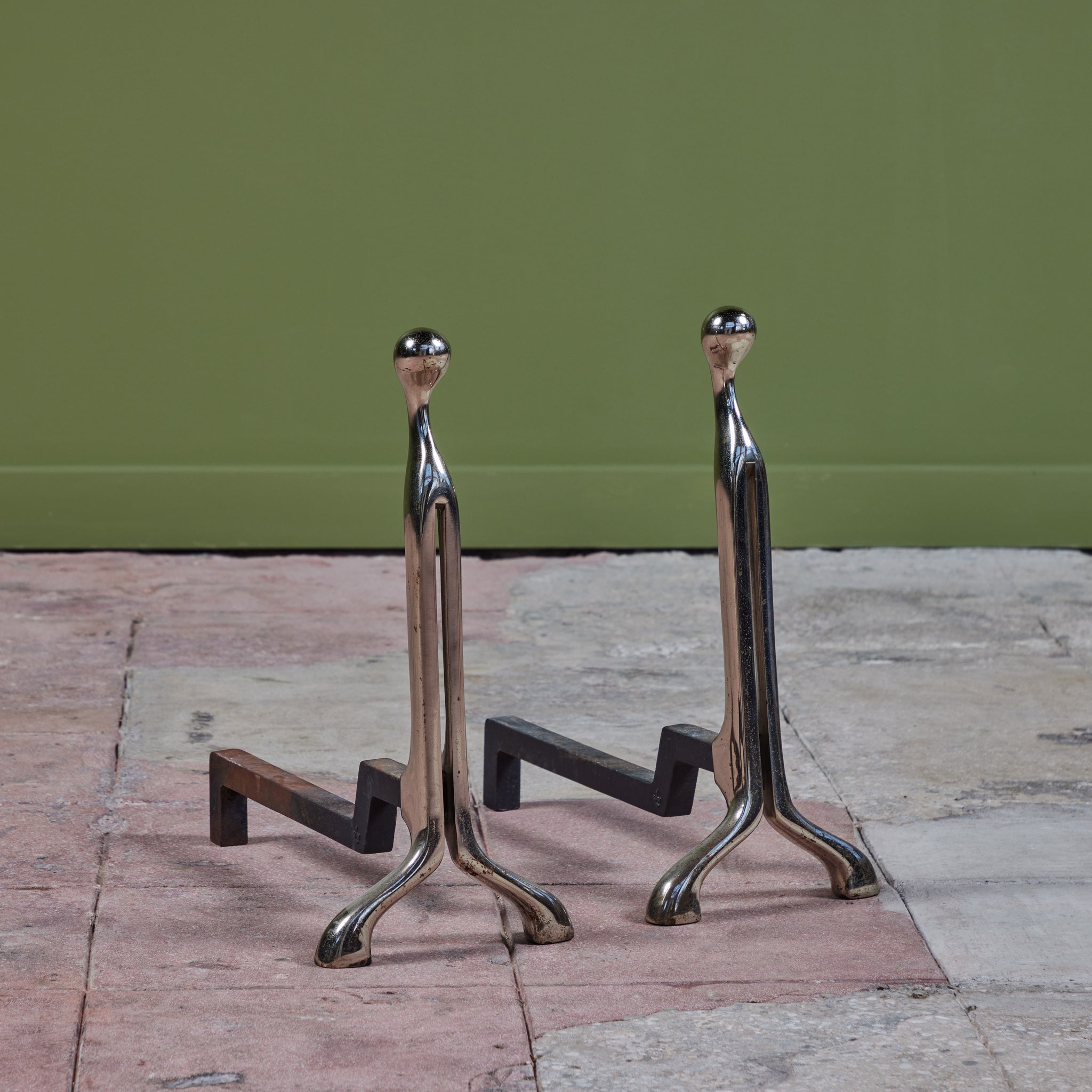 Pair of Virginia Metalcrafters Nickel Plated Andirons