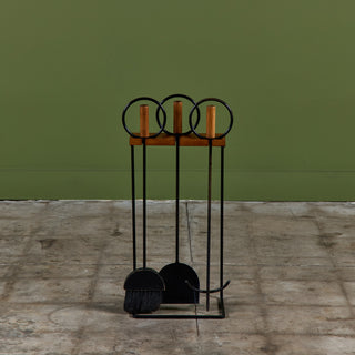 Set of Wrought Iron Fireplace Tools with Wood Handles