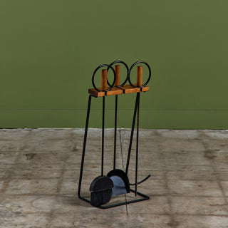 Set of Wrought Iron Fireplace Tools with Wood Handles