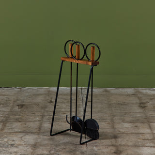 Set of Wrought Iron Fireplace Tools with Wood Handles