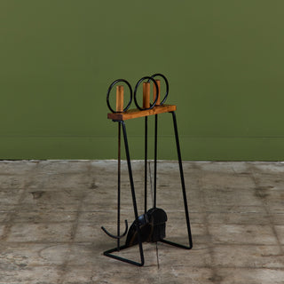 Set of Wrought Iron Fireplace Tools with Wood Handles