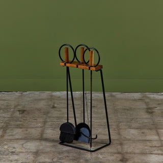 Set of Wrought Iron Fireplace Tools with Wood Handles