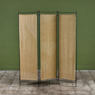 Tri-Fold Burlap and Wrought Iron Room Divider