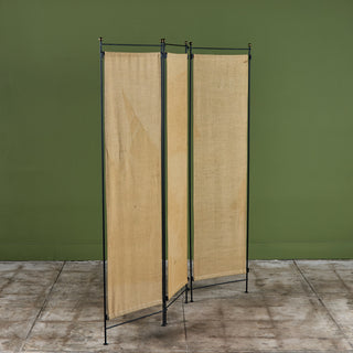 Tri-Fold Burlap and Wrought Iron Room Divider