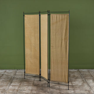 Tri-Fold Burlap and Wrought Iron Room Divider