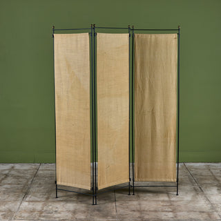 Tri-Fold Burlap and Wrought Iron Room Divider